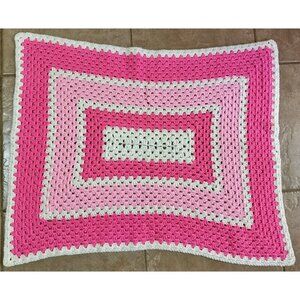 Crochet Hot Pink White Granny Square Baby Blanket Afghan Lap 24x32 Vintage